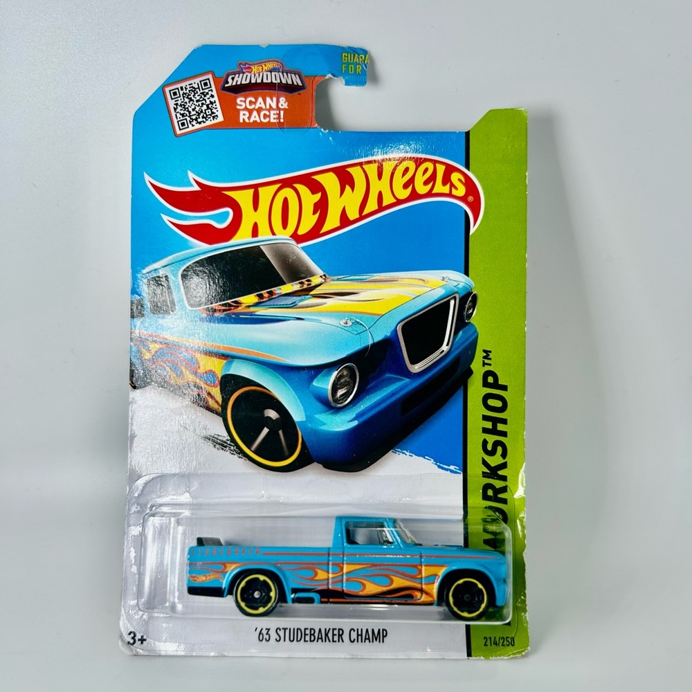 2015 Hot Wheels '63 Studebaker Champ Blue w/ Yellow Flames HW Workshop 214/250